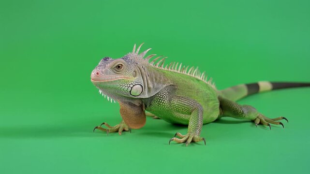 A green iguana stands on a green background with spiky back and tail