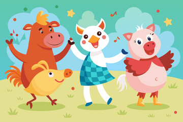 Naklejka premium Dancing farm animals, rooster, pig, cow, duck Vector, illustration . 