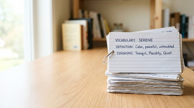 Thick stack of handwritten flashcards on a wooden desk. Index cards with vocabulary definitions and synonyms for studying. Education and learning concept