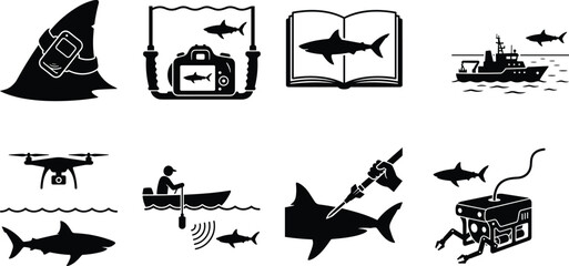 Obraz premium Shark fishing and research silhouettes set with boat drone tagging and underwater camera