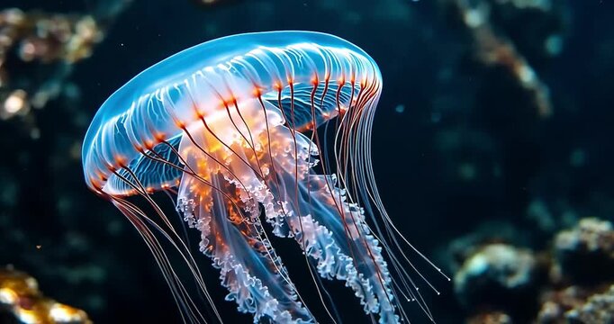Translucent jellyfish floats in deep ocean water bioluminescent tentacles drift