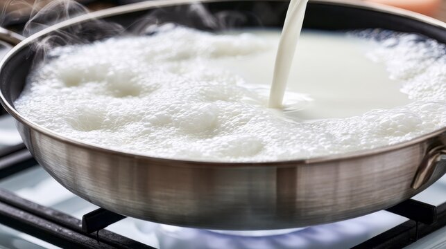 Pot boiling fresh milk on stove for consumption, close up of dairy heating process in kitchen cookware showing nutrition preparation, homemade food concept with creamy liquid rising during cooking