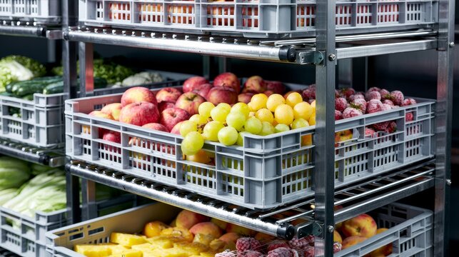 Refrigeration chamber with fruits and vegetables in crates cold storage system for fresh produce distribution and industrial cooling warehouse agriculture logistics