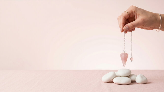 Hand holding a rose quartz crystal pendulum over white stones on pink fabric. Esoteric divination tool. Copy space for text