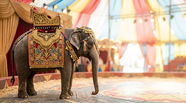 Elephant wearing an ornate gold embroidered saddle and headpiece in a circus ring. Traditional animal performance inside a colorful striped tent