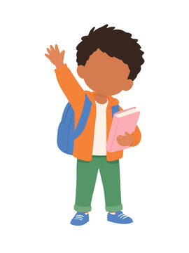 Waving School Boy with Backpack and Book