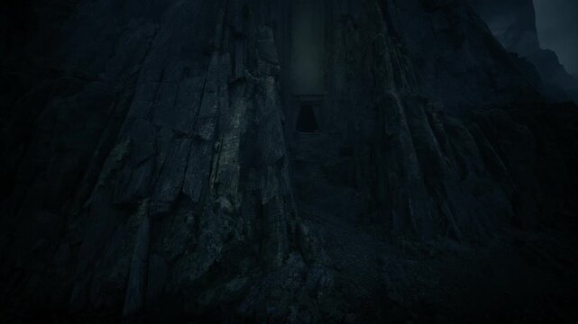 towering basalt cliff under moonlit haze shows colossal vertical faces, coarse strata, deep crevices and shadowed ridges cinematic cold tones create foreboding