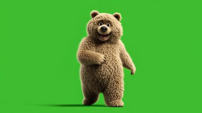 Cute brown dancing bear performing rhythmic steps on green screen