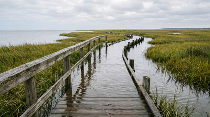 Fototapeta premium Realistic coastal flooding on a pedestrian boardwalk illustrating sea level rise, climate resilience, environmental planning, and sustainable coastal management for commercial use.