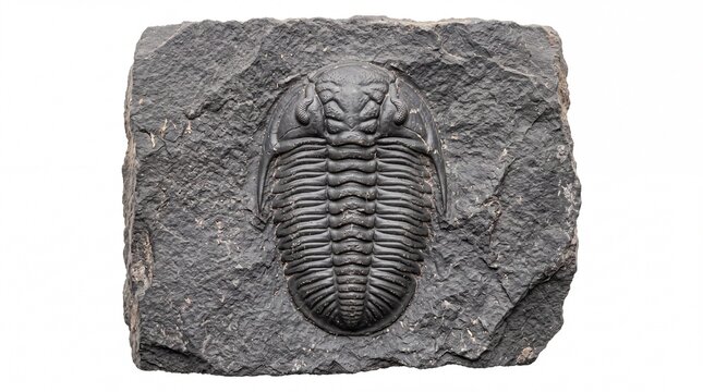 Prehistoric trilobite fossil specimen embedded in dark sedimentary rock matrix isolated on white background for science education.