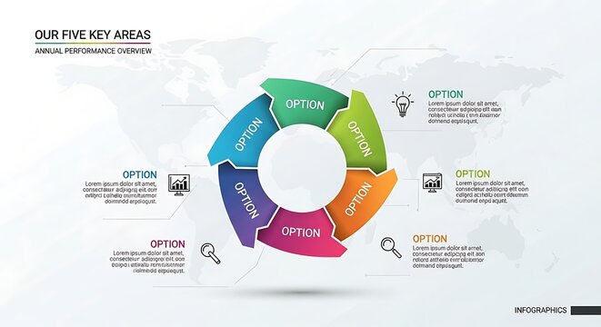 Colorful Circular Business Infographic Displaying Five Key Areas on World Map Background