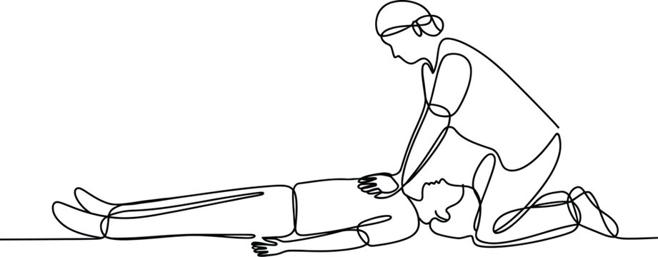 Continuous single line drawing of a medical professional performing cardiopulmonary resuscitation on an unconscious patient lying down