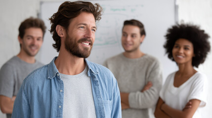 Fototapeta premium Diverse Young Office Workers Gathered Around Presentation Whiteboard