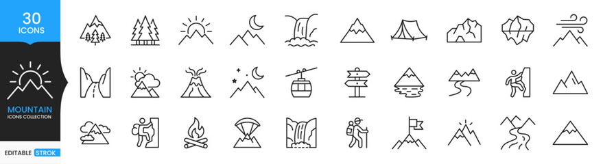 Mountain Icons Set, Hiking and Camping Line Icons Collection, Nature Adventure Outline Vector, Editable Stroke Landscape Travel Outdoor Icon Pack © MSTRUNA