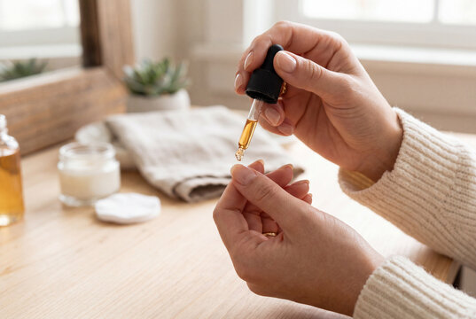 A person holds a dropper bottle to apply cuticle oil to their nails. This activity takes place indoors on a wooden table, surrounded by skin care products and natural light