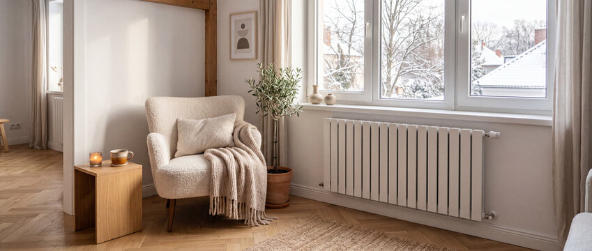 A bright space shows a cozy chair next to a wooden table. A radiator sits under the window with natural light coming in. Snow is visible outside, creating a cold contrast indoors