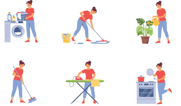Housewife doing daily home cleaning activities vector set featuring woman washing laundry mopping floor watering plants ironing and cooking flat illustration