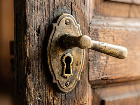 Vintage Brass Door Handle and Antique Keyhole on Rustic Wooden Door