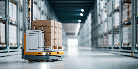 Naklejka premium Factory ai warehouse robot carrying cardboard box pallet, automation