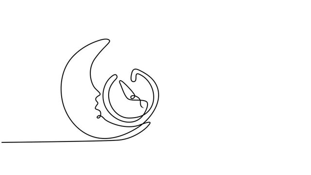 Animation of single one line drawing alarm clock which has a picture of a cloudy crescent moon and a cloudy sun. Biological Clock Day. Continuous line self drawing animated. Full length motion