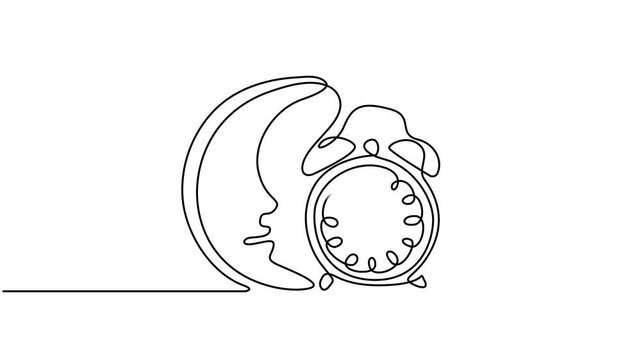 Animation of single one line drawing alarm clock which has a picture of a cloudy crescent moon and a cloudy sun. Biological Clock Day. Continuous line self drawing animated. Full length motion