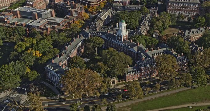 Boston Massachusetts Aerial v278 birds eye view overlooking at student dormitory eliot house at harvard campus, tilt up reveals downtown cityscape - Shot with Inspire 2, X7 camera - October 2021