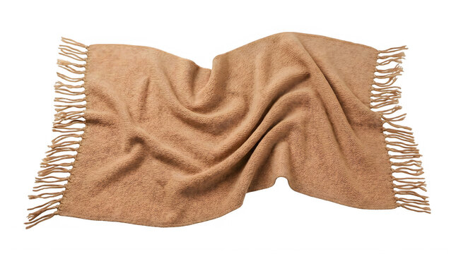 Brown wool blanket with fringe, cozy camel colored cashmere throw, soft textured pashmina shawl isolated on transparent background