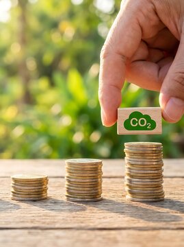 Hand placing co2 block on stack of coins carbon dioxide
