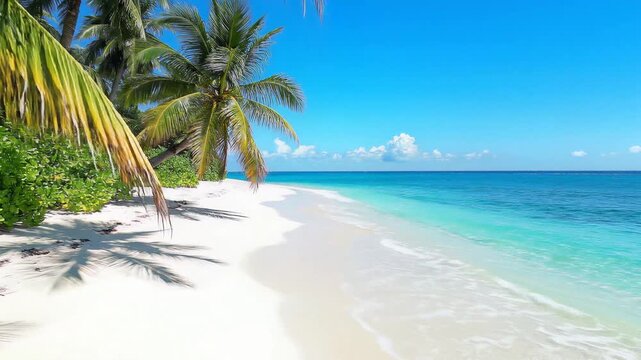 A serene tropical beach scene with palm trees swaying on white sand and crystal clear turquoise water lapping gently.