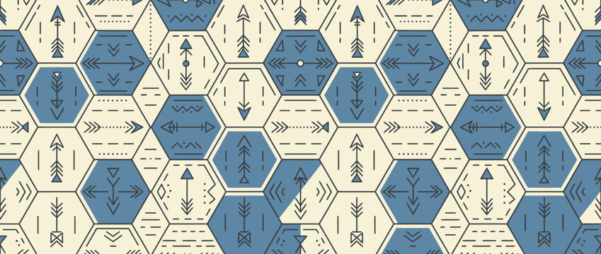 Blue hexagonal honeycomb pattern with arrow motifs.