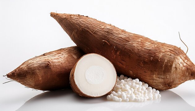 Cassava Root On White Background With Tapioca Pearls