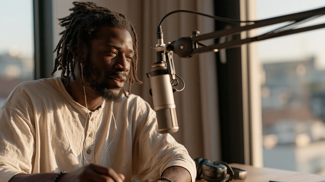 Ghanaian podcast producer finalizing a home studio acoustic treatment by positioning baffles around a recording nook, microphone arm extended precisely, headphones resting on the
