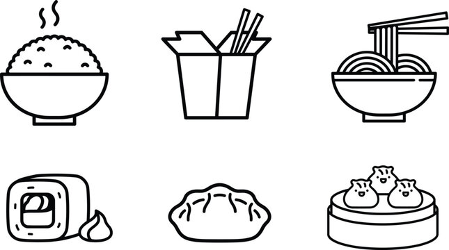 Asian food line icon set featuring noodle bowl sushi roll dumpling rice box and dim sum vector illustration for restaurant menu design
