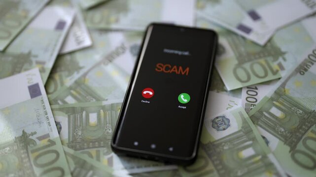 Smartphone showing scam call on screen lying on euro money.