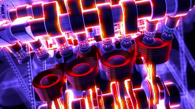 Pressing engine start button with technical V8 piston animation. Valves, pistons and crankshaft in motion.