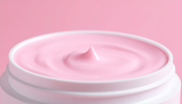 Pink face cream in open white jar, creamy texture, soft pink blurred background, skincare and cosmetic dermatology concept. Close-up.