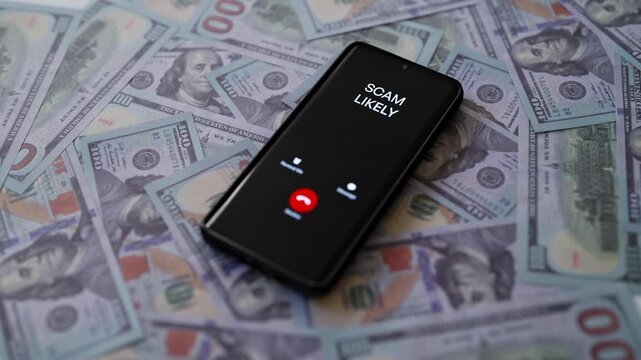 Smartphone showing scam call on screen lying on dollars.