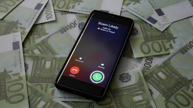 Smartphone showing scam call on screen lying on euro money.