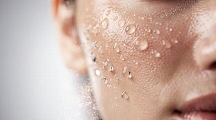 Fototapeta premium Close-up of hydrating serum application on clean skin for clinical skincare and wellness marketing