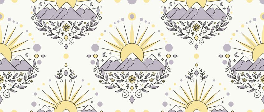 Mystic sun and mountain landscape repeating pattern.