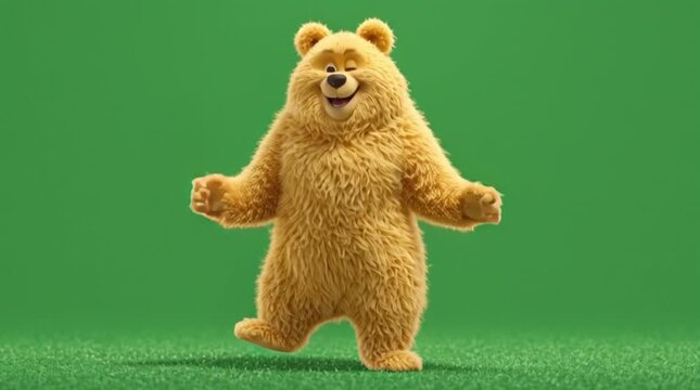 Energetic golden dancing bear celebrating on grass