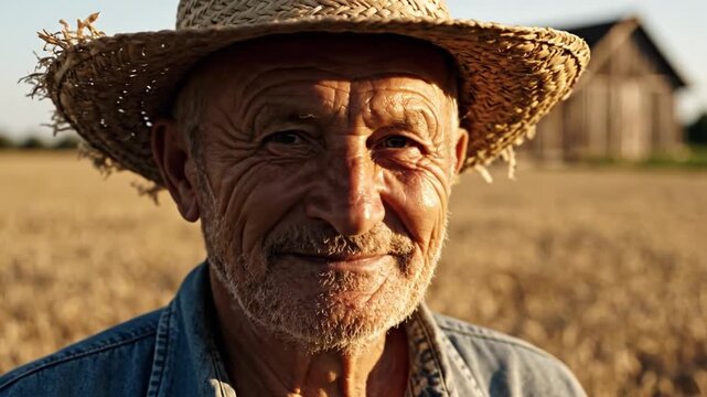 Close portrait of elderly male farmer in woven straw hat and denim collar, gazing across harvested field with blurred wooden barn behind, warm sunlight shaping weathered face and rustic countryside