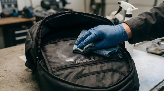 Maintenance worker uses a blue nitrile glove to wipe down the internal fabric of a tactical gear bag with a gray cleaning cloth.