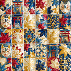 Fototapeta premium Seamless Japanese Ceramic Tile Pattern with Fox Masks, Torii Gates and Maple Leaves
