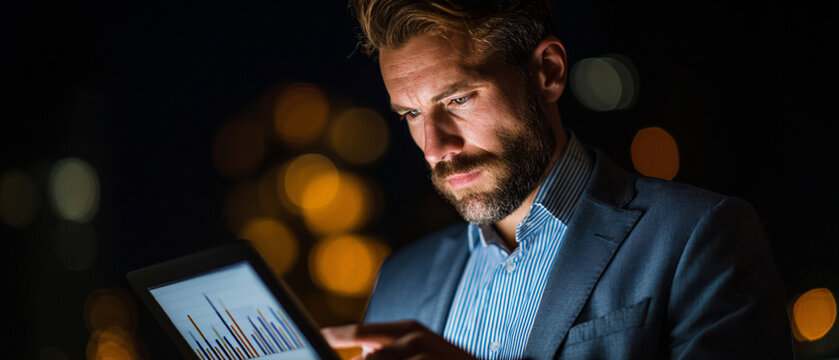 A focused man in a suit examines data on a tablet at night, surrounded by city lights