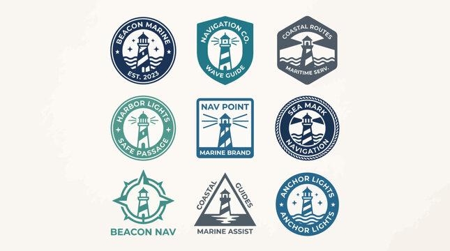 Collection of nautical lighthouse logo designs.