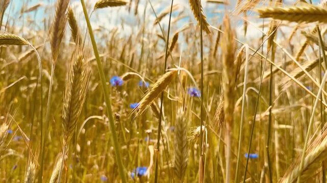 Wheat stalks and blue cornflowers swaying in sunlight on a summer day in a golden field