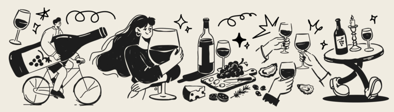 Simple Doodle Wine Elements Set. Sketch Stickers with Wine Lover Characters, Bottle, Glass, and Cheese Board. Badges for Wine Bar, Bistro Branding, and Social Media. Vector Collection