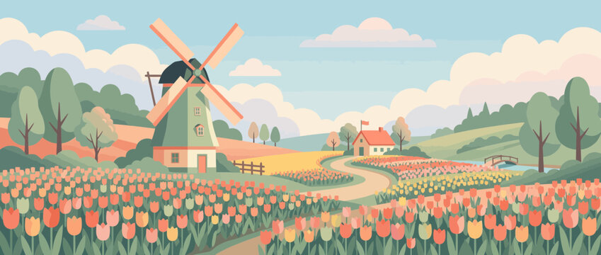 Traditional windmill in a blooming tulip field landscape.