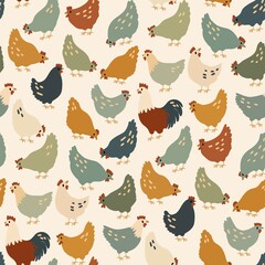 Cute hand drawn farmhouse chicken rooster country hen cottagecore farm birds animals background seamless pattern © Marie
